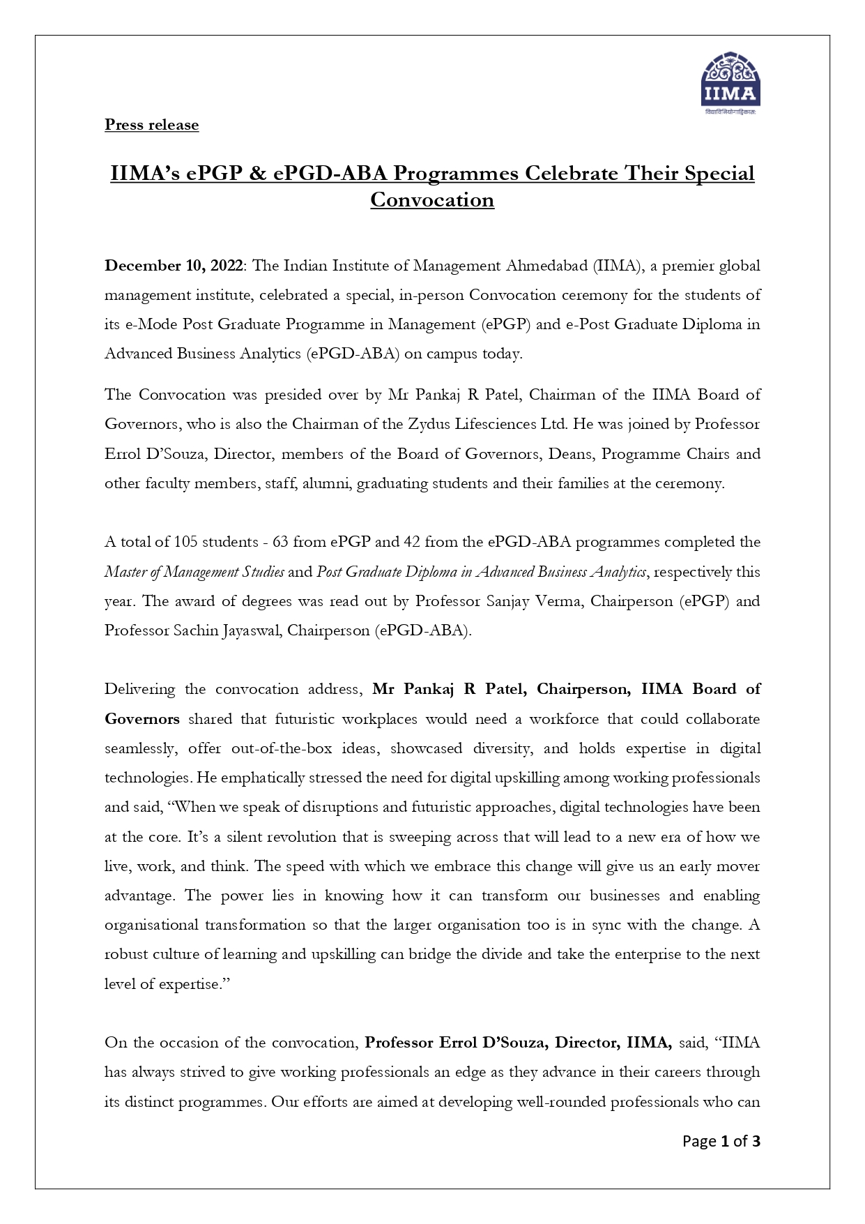 Press Release Special Convocation