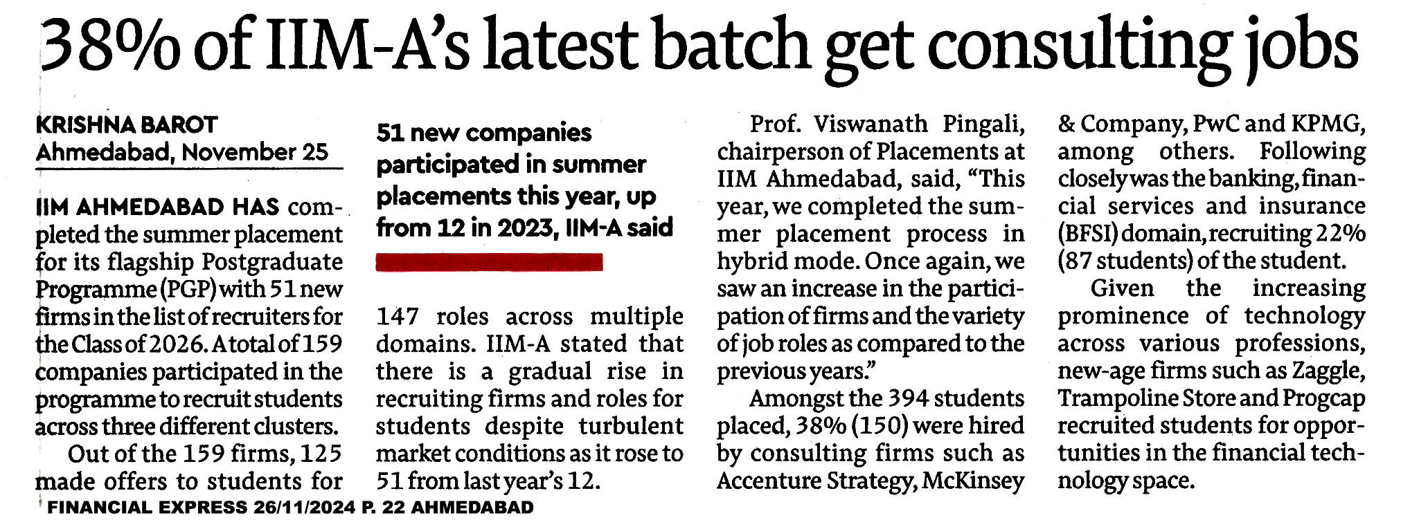 38% of  IIM-A&#039;s latest batch get consulting jobs