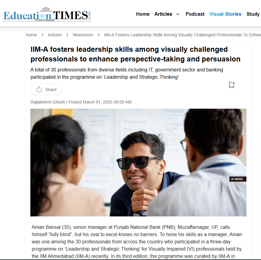 IIM-A fosters leadership skills among visually challenged professionals to enhance perspective taking and persuasion