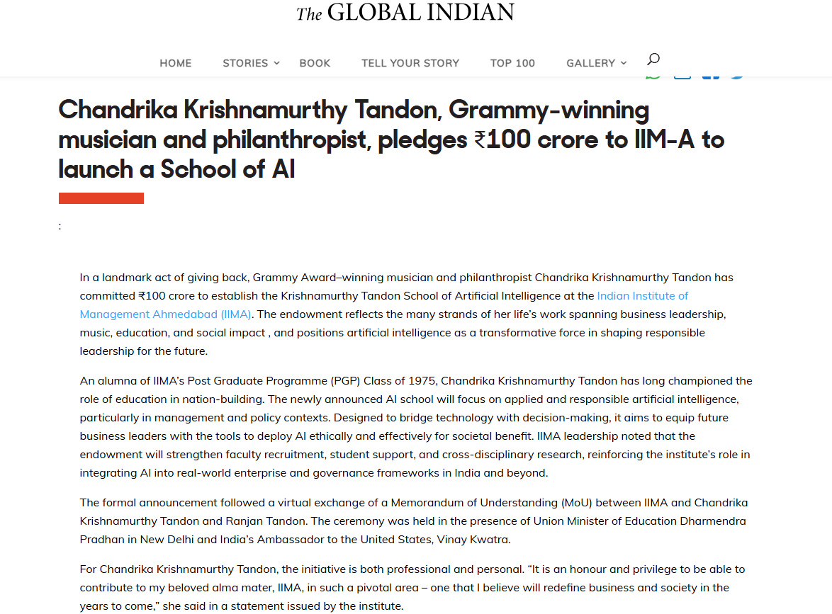 Chandrika Krishnamurthy Tandon, Grammy-winning musician and philanthropist, pledges ₹100 crore to IIM-A to launch a School of AI