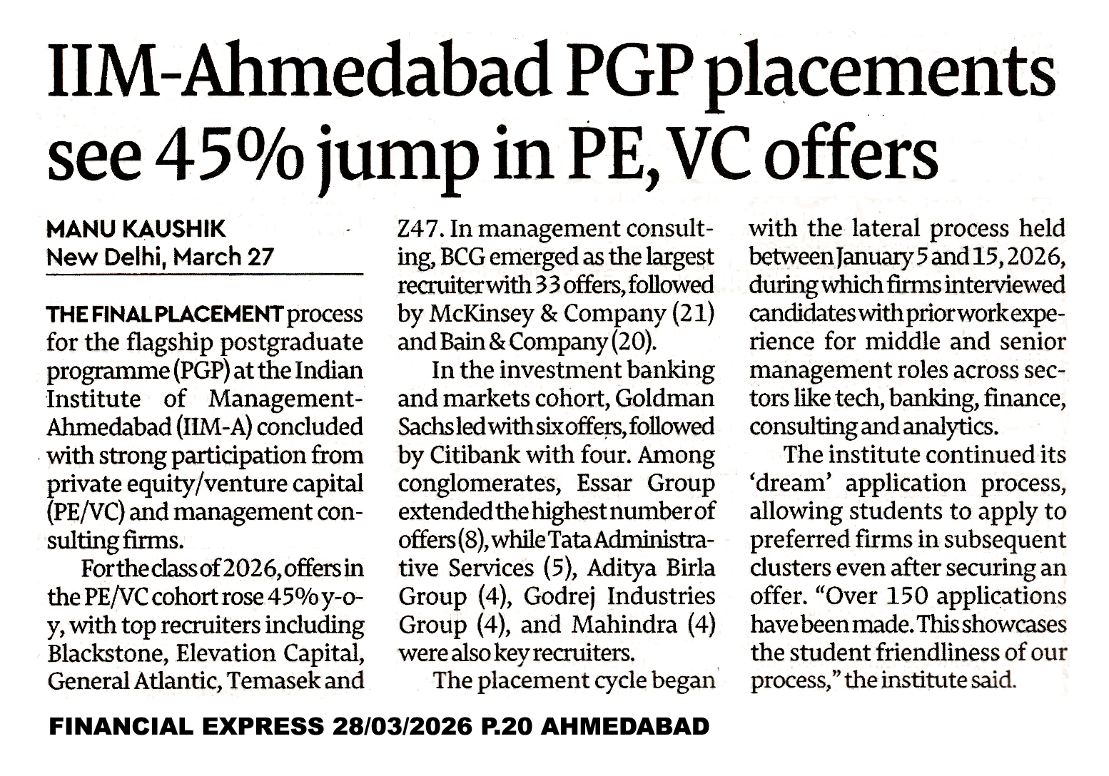 IIM-A PGP placements see 45% jump in PE/VC offers