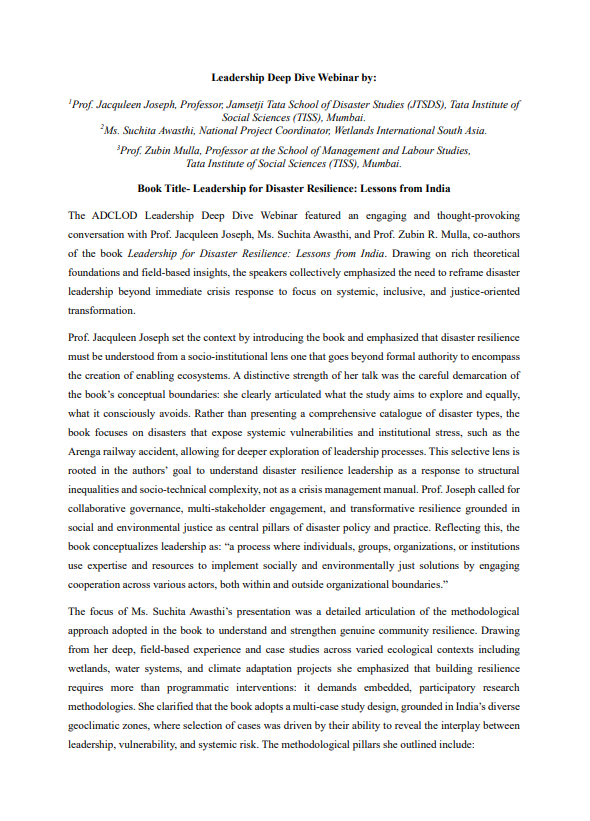 Leadership for Disaster Resilience: Lessons from India