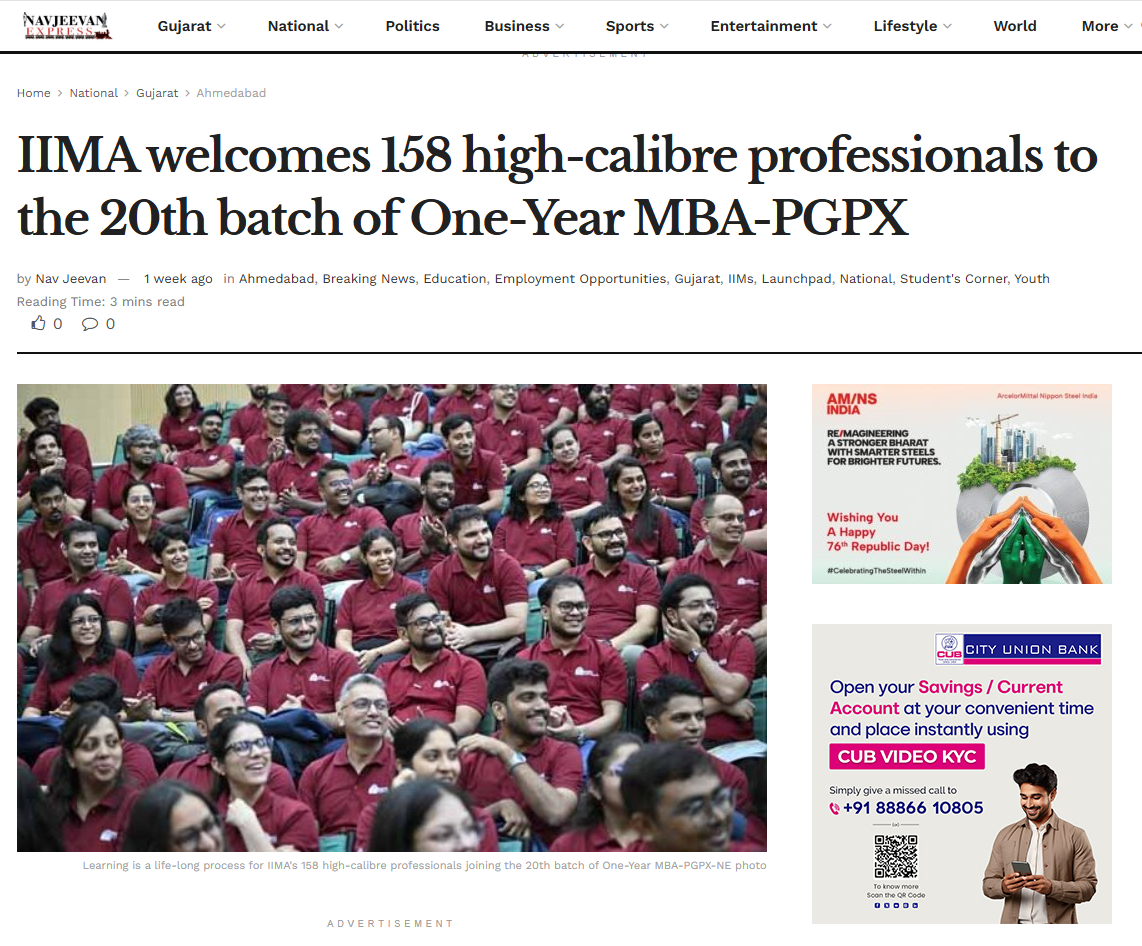 IIMA welcomes 158 high-calibre professionals to the 20th batch of One-Year MBA-PGPX