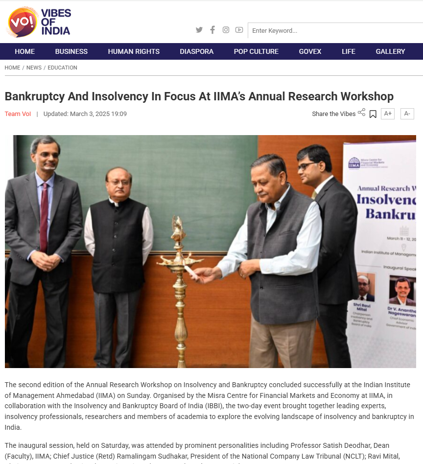Bankruptcy And Insolvency In Focus At IIMA’s Annual Research Workshop